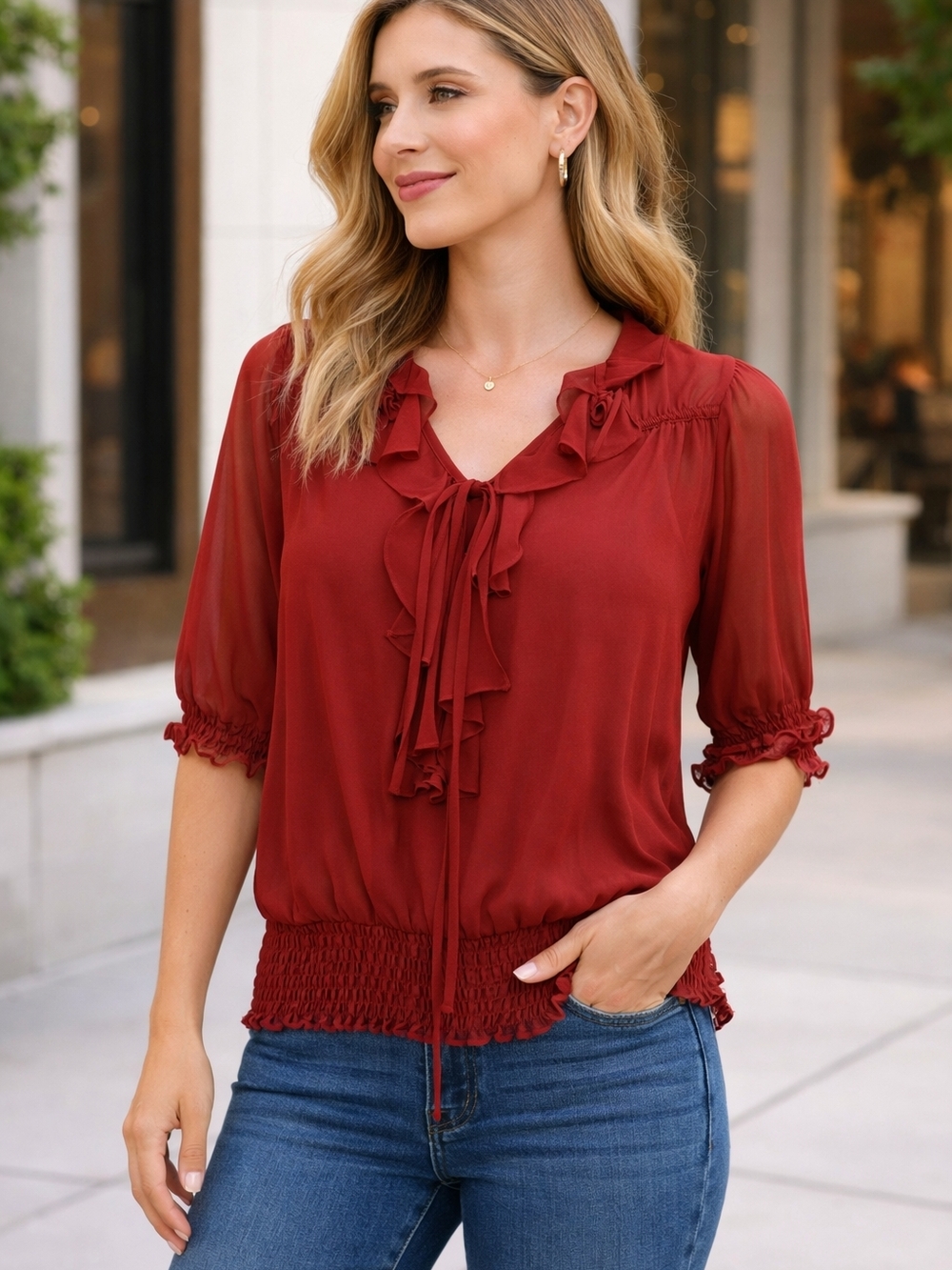 a.n.a Ruffled Tie-Neck Blouse in Rust